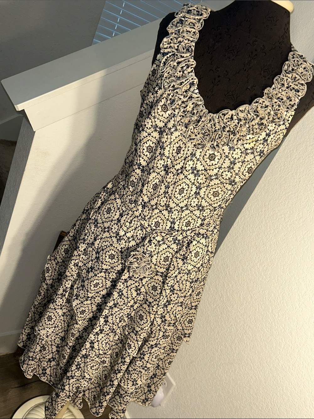 Signature by Robbie Bee Black and White Printed Ruffle-Neck Midi Dress